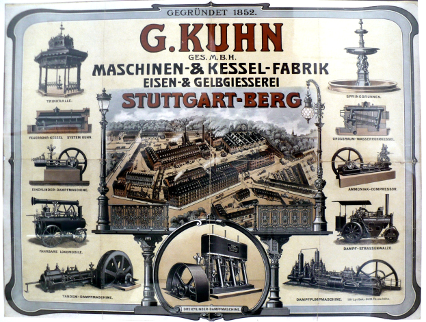 Werbeplakat für G. Kuhn's Stuttgart-Berg Maschinenbau mit Abbildungen verschiedener Maschinen und begleitendem Text.