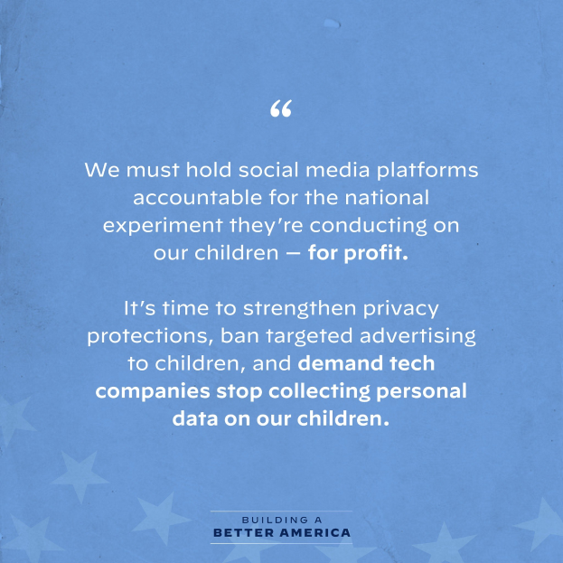Plakat mit einem Zitat aus Building a Better America, das besagt, dass soziale Medien für das Experimentieren an Kindern zur Gewinnmaximierung zur Rechenschaft gezogen werden müssen, dekoriert mit Sternen.