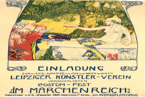 Ein Plakat, das ein Festival in München ankündigt und ein Gemälde einer Frau mit einem menschlichen Gesicht zeigt, umgeben von Menschen und Bäumen, mit Text darauf.