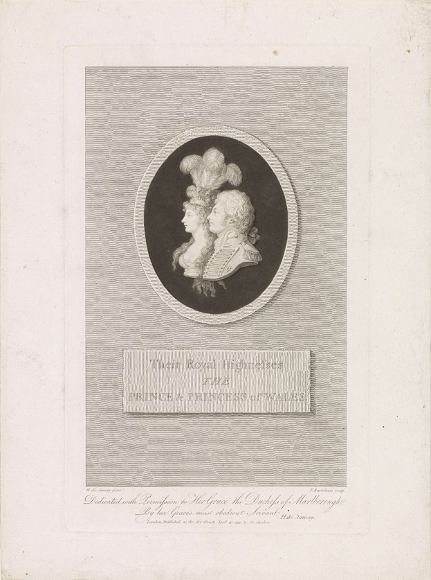 Eine Zeitung mit einem Foto des Prinzen und der Prinzessin von Wales neben etwas gedrucktem Text.