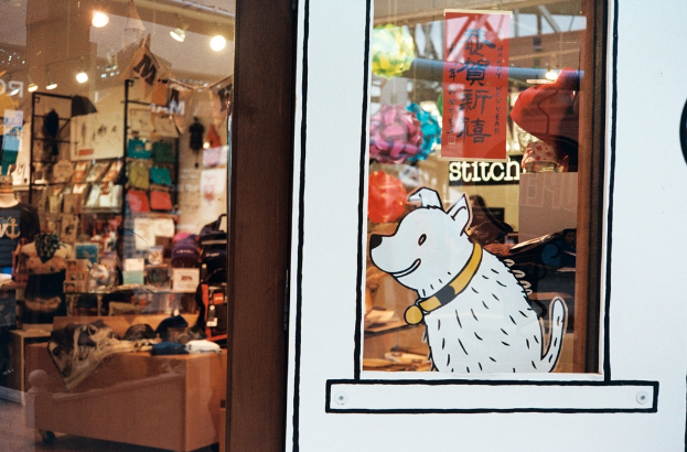 Eine Illustration eines Hundes mit Text auf der rechten Seite und auf der linken Seite ein Raum mit Lampen, Flaggen, Regalen, Sofas, Kleidung, Dekorationen, Menschen, Stühlen und anderen Gegenständen.