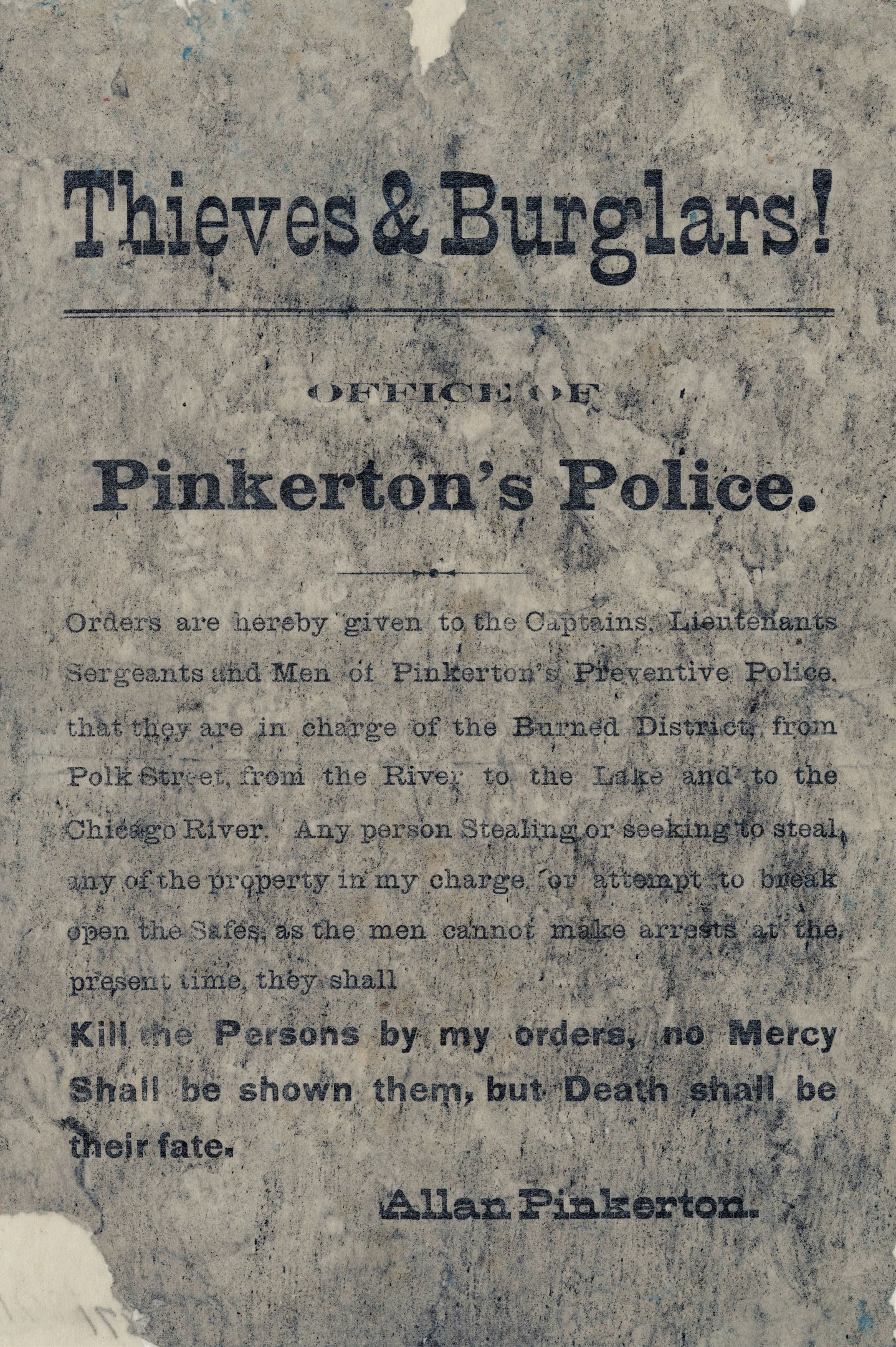 Plakat mit fettem schwarzem Text "Diebe & Einbrecher Pinkertons Polizei" in der Mitte auf einem weißen Hintergrund gerahmt von einem schmalen schwarzen Rand.