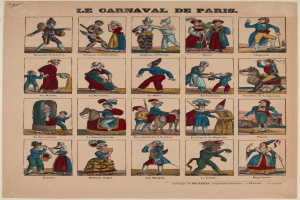 Ein Blatt mit leuchtenden, detaillierten Bildern von Menschen in farbenfrohen Karneval von Paris Kostümen, einschließlich gefiederter Kopfschmuck und aufwändigen Kopfschmuck, mit fetter Schrift.