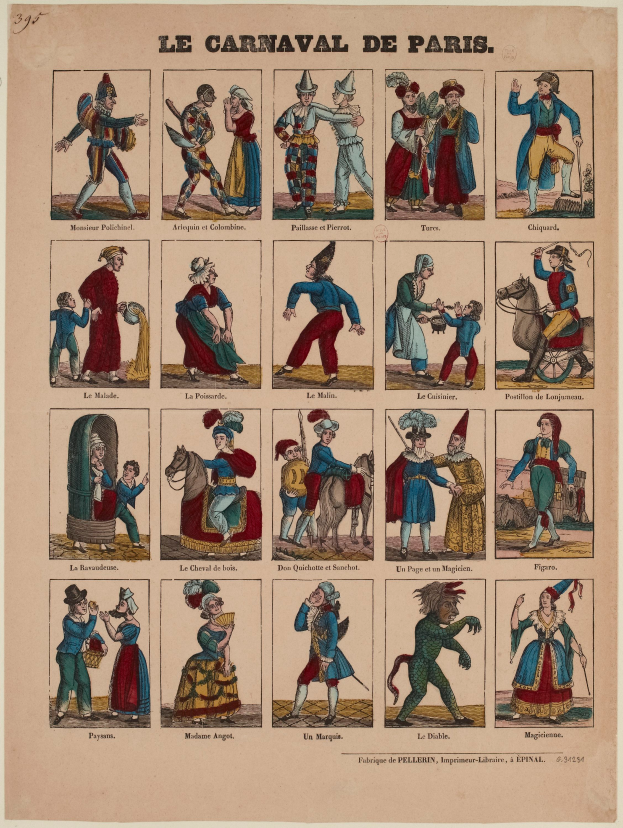 Ein Blatt mit leuchtenden, detaillierten Bildern von Menschen in farbenfrohen Karneval von Paris Kostümen, einschließlich gefiederter Kopfschmuck und aufwändigen Kopfschmuck, mit fetter Schrift.