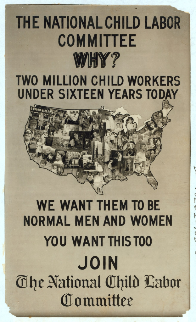 Plakat mit der Überschrift "Nationaler Ausschuss für Kinderarbeit: Warum? Zweieinhalb Millionen Kinderarbeiter unter sechzehn Jahren heute" mit einer USA-Karte und mehreren illustrierten Gesichtern, die Ausschussmitglieder darstellen.
