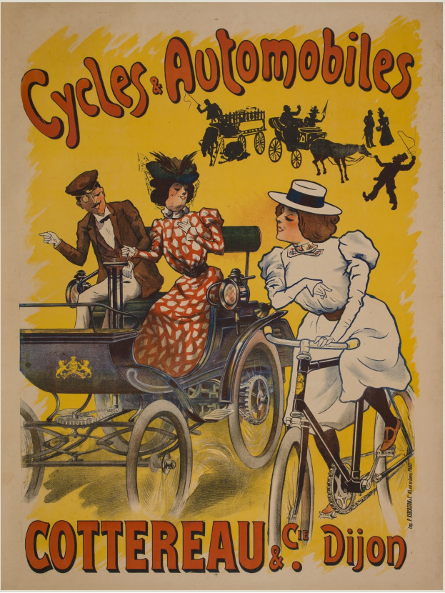 Ein Vintage-Plakat, das Fahrräder und Automobile in Cottereau und Dijon, Frankreich, bewirbt, mit Menschen, die Fahrräder fahren und eine Kutsche ziehen, und dem Text "Fahrräder und Automobile" oben.