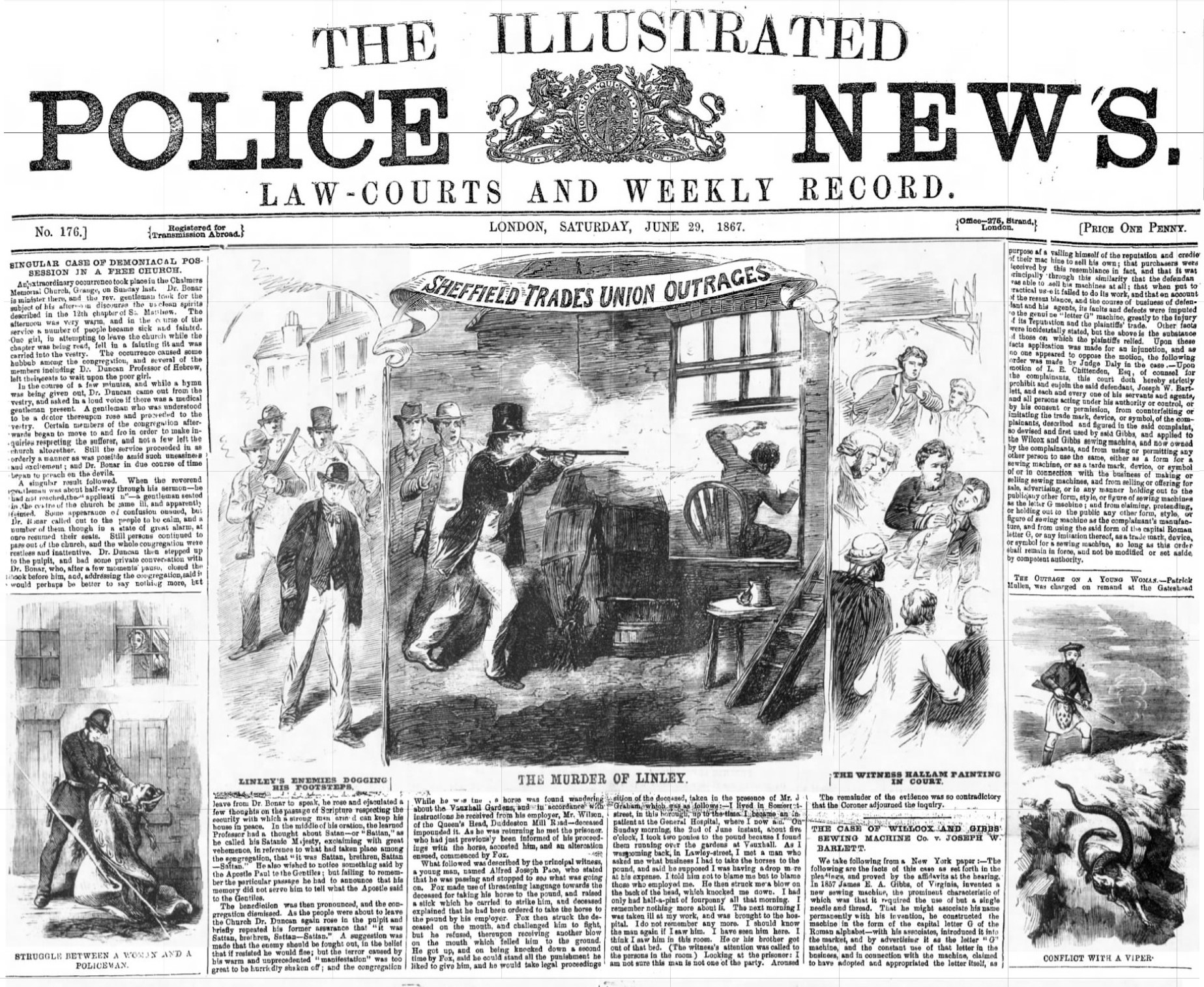 Schwarze und weiße Titelseite der Illustrated Police News von 1867 mit einer zentralen Illustration einer Gruppe von Menschen, "Police News"-Text und einem Logo oben.