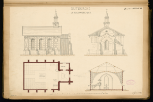 Ein Buchumschlag mit einer detaillierten Zeichnung einer Kirche mit begleitendem Text, vor einem dunklen Hintergrund.