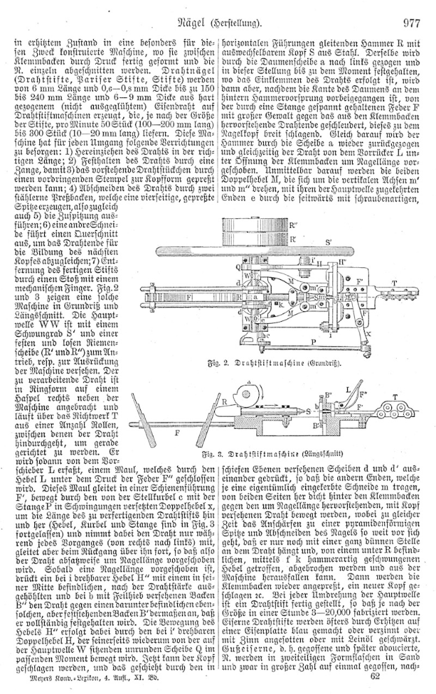 Eine Seite aus einem Buch, die ein deutsches Patentdokument (Nr. 977,977) mit einer technischen Zeichnung einer Maschine und mehreren Fotos der Maschine zeigt.