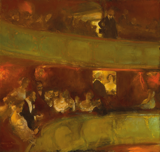 Ein Gemälde einer vielseitigen Gruppe von Menschen in einem hell erleuchteten Theater, einige stehen, einige sitzen, alle in feiner Kleidung, schaffen eine lebendige und einladende Atmosphäre.