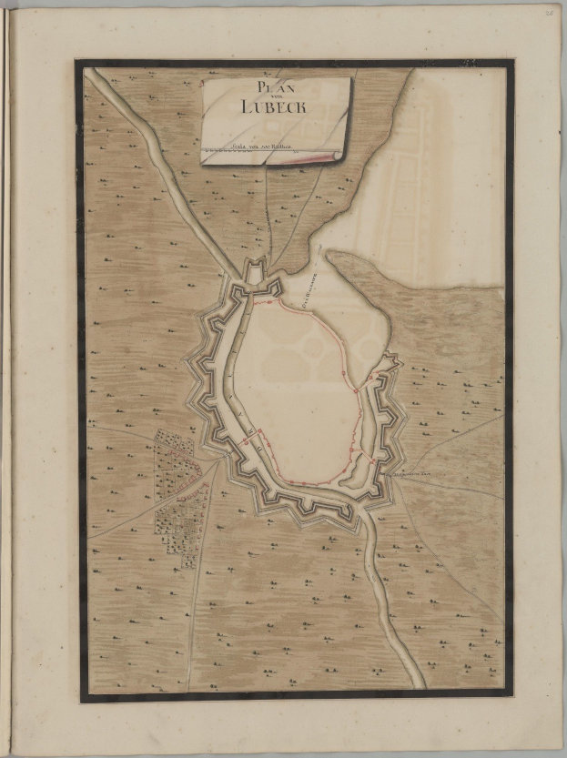 Ein abgenutztes Buch mit einer alten Karte von Lübeck auf dem Cover, das detaillierte Straßen, Gebäude und Sehenswürdigkeiten zeigt, begleitet von Texten über die Bevölkerung, Geschichte und Kultur der Stadt.