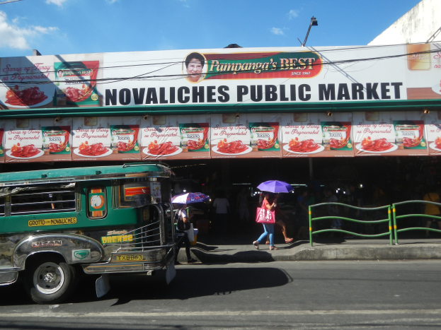 Ein Bus fährt an einem Gebäude vorbei, das als "Novaliches Public Market" beschriftet ist, mit Fußgängern auf dem Gehweg, einige mit Schirmen, neben einem Geländer, Gebäuden, einem Laternenpfahl und Drähten im Hintergrund.