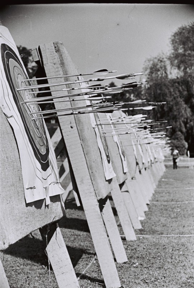 Schwarzes und weißes Foto eines Bogenscheiben-Ziels mit Pfeilen in der Mitte, umgeben von Bäumen und einer Person im Hintergrund, mit dem Boden unten sichtbar.