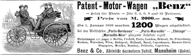 Werbeposter für ein Patent-Motorwagen mit zwei Personen im Fahrzeug, umgeben von Bäumen, sowie zusätzlichem Text über das Auto.