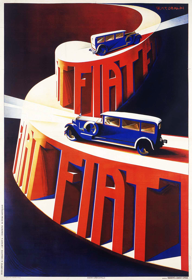 Blaue und rote Fiat-Autos auf einem Plakat mit "Fiat"-Text.