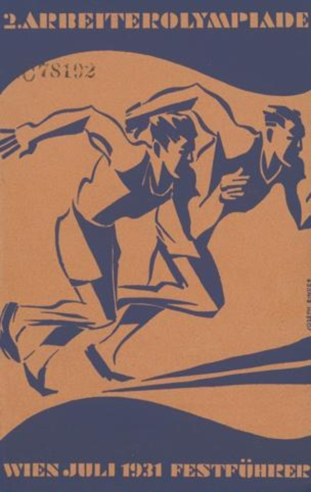 Plakat für die Olympischen Spiele 1932 in Berlin, das zwei Läufer im Vordergrund zeigt, mit Text, der eventuelle Details bereitstellt.