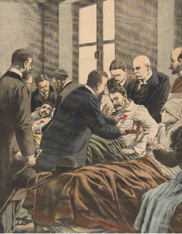 Eine Gruppe von Menschen, darunter ein Arzt in einem weißen Kittel mit einem Stethoskop, versammelt sich um einen Mann, der auf einem Bett in einem Raum mit einer Wand und einem Fenster im Hintergrund liegt; der Text unten lautet "KUNSTlers Tod in Paris".