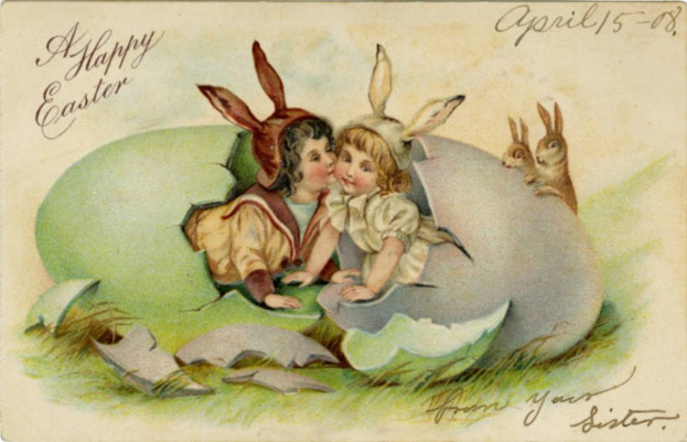 Altmoderne Ostern-Postkarte mit zwei Kindern in einem Ei mit zwei Hasen und Text, der einen frohen Ostern wünscht.