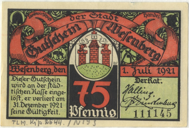 Eine alte deutsche Banknote mit einem Gebäude, dem Text "Bundesliga" und einem Logo unten, vor einem weißen Hintergrund.