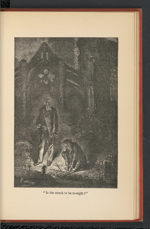 Ein aufgeschlagenes Buch mit einer Zeichnung eines Mannes in langem Mantel und Hut und einer Frau in Schürze und Kleid vor einem zweistöckigen Haus mit rotem Dach und weißen Wänden, mit der Frage "Ist der Angriff zu Nacht?" unten.