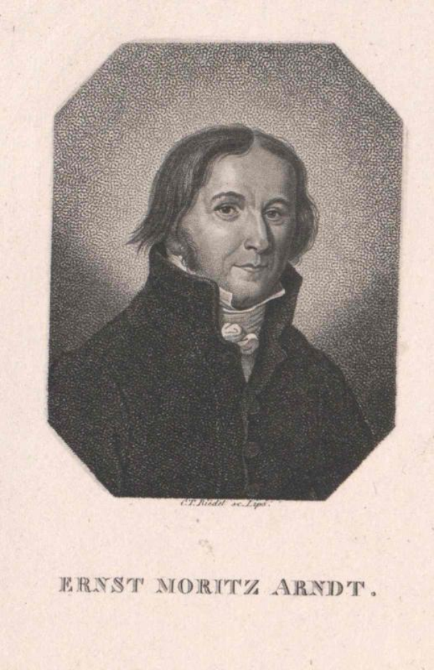 Schwarzes und weißes Porträt von Ernst Noritz Arndt, einem deutschen Komponisten, mit Text unten im Bild.