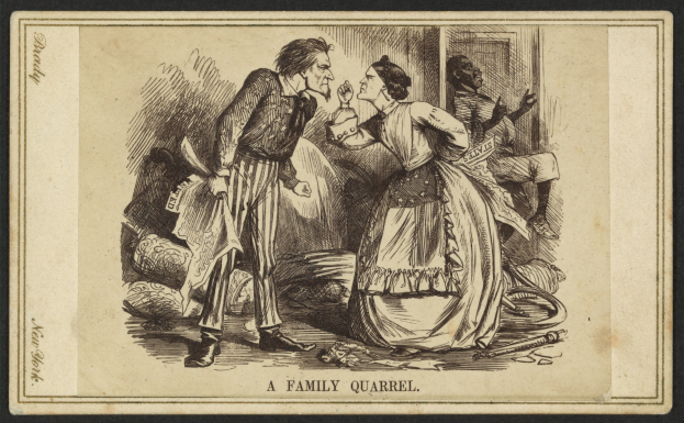 Ein Mann und eine Frau stehen in der Mitte des Bildes, der Mann hält ein Objekt, während die Frau neben ihm steht, mit dem Text "ein Familienstreit" unten.