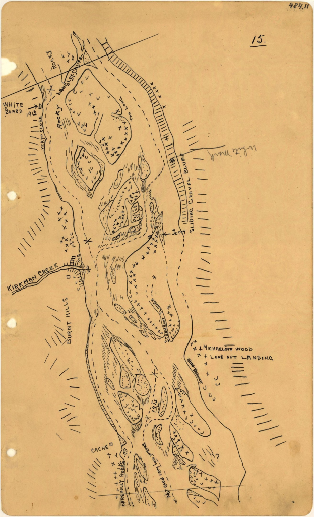 Detailierter alter Stadtplan auf altem Papier mit handgeschriebenen Texten, die Straßen, Gebäude, Parks und Sehenswürdigkeiten benennen.
