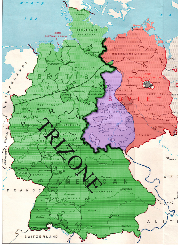 Eine Deutschlandkarte mit den Provinzen der Trizone in verschiedenen Farben hervorgehoben, begleitet von informativem Text.