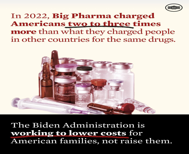 Ein Plakat, das zeigt, dass Big Pharma in 2022 Amerikanern zwei bis drei Mal so viel für dieselben Medikamente berechnet hat wie in anderen Ländern, mit Bildern von Medikamentenflaschen und einer Spritze darunter.