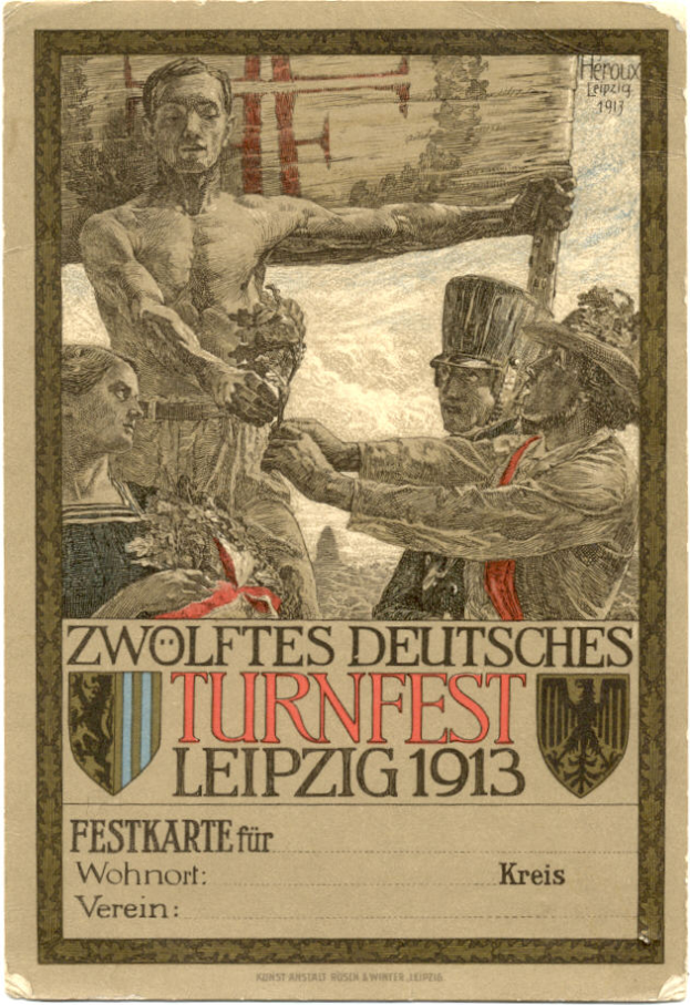 Ein Vintage-Plakat f├╝r das Zw├Âlftes Deutsche Turnfest Leipzig 1913, das eine Gruppe von Menschen in der Mitte und Text ├╝ber das Ereignis zeigt.