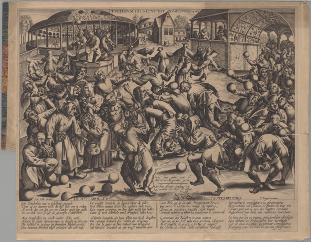 Eine Gravur einer Gruppe von Menschen, die Fußball spielen, einige halten Bälle, mit Häusern und Bäumen im Hintergrund und Text unten.