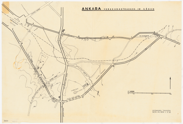 Ein detaillierter alter Stadtplan von Ankara, Deutschland, der Straßen, Gebäude, Sehenswürdigkeiten und begleitenden Text mit Informationen über die Bevölkerung, Straßen und Sehenswürdigkeiten zeigt.