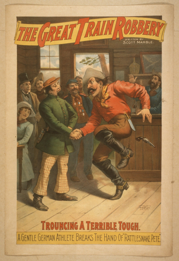 Ein Plakat für "Der große Zugraub" zeigt eine Gruppe von Menschen, wobei einer eine Waffe hält, ein Fenster, eine Wand und Text oben und unten.