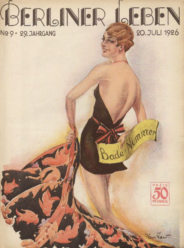 Eine Frau im Badeanzug steht auf dem Cover der Berliner Leben Zeitschrift von Juni 1926 und hält ein Tuch in der Hand, während der Zeitschriftenname quer darüber geschrieben ist.