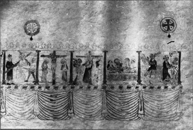 Eine Schwarz-Weiß-Zeichnung einer Gruppe von Menschen auf einer Bühne in Not, mit einer Wand im Hintergrund und einem Vorhang unten.