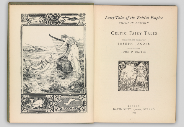 Offenes Buch mit einer farbenfrohen, detailreichen Illustration einer keltischen Feeengeschichte auf dem Cover, das auf einer flachen Oberfläche liegt und den Text auf der Seite zeigt.