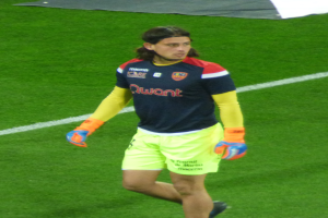 Ein Mann in einem blauen Hemd und gelben Shorts läuft auf einem Fußballfeld mit ausgestreckten Armen und entschlossener Miene, mit einem Tuch oben auf dem Bild.