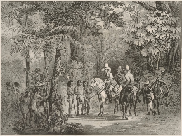 Eine Gruppe von Menschen, die auf Pferden durch einen dichten Dschungel reitet, mit Bäumen und Pflanzen im Hintergrund und Text unten auf dem Bild.
