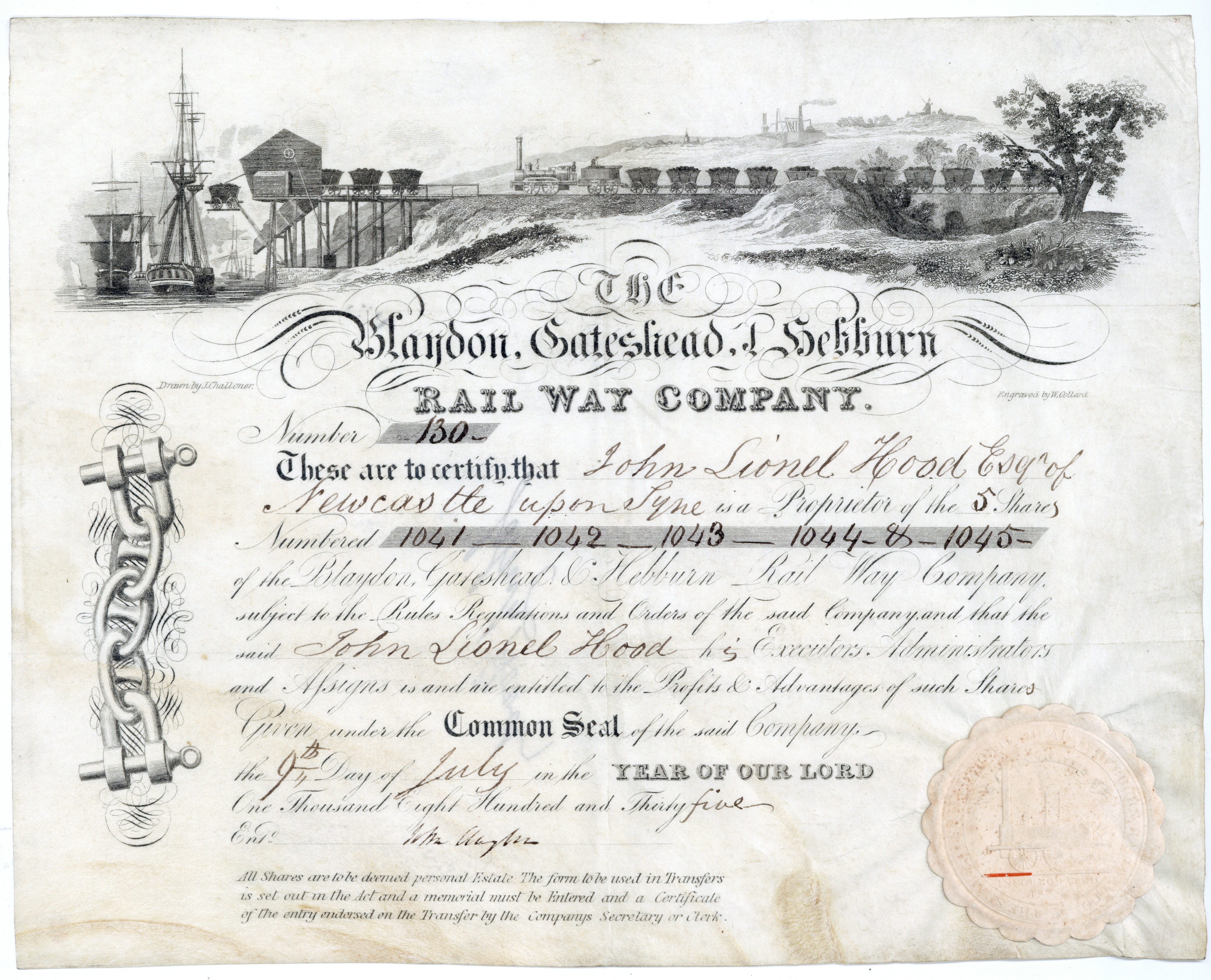 Ein altes Aktienzertifikat mit einem zentralen Bild eines Zuges, einem hellblauen Himmel und weißen Wolken im Hintergrund, gedruckt auf Papier mit Texten, die Unternehmensinformationen enthalten.