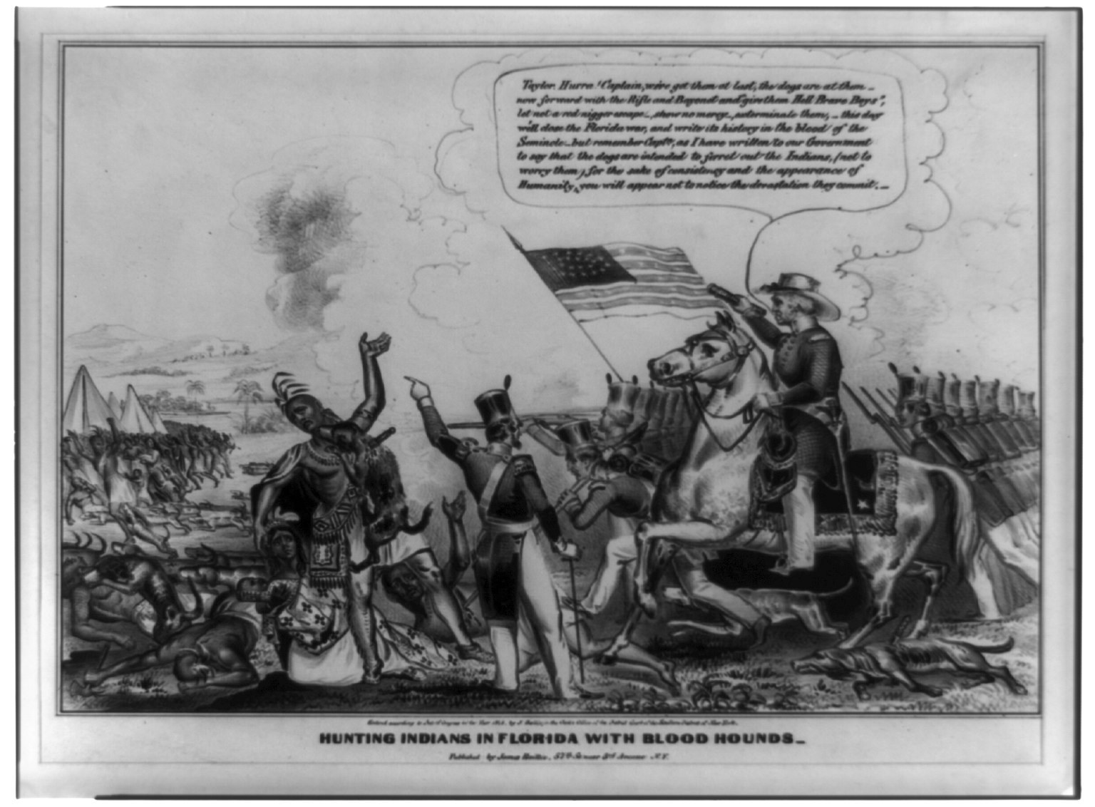 Schwarzes und weißes Bild einer Gruppe von Menschen, einige auf Pferden, mit einer Fahne im Hintergrund und Text unten, der "Indians in Florida jagen mit Bluthunden" lautet.