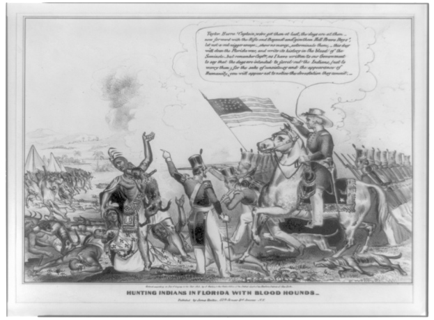 Schwarzes und weißes Bild einer Gruppe von Menschen, einige auf Pferden, mit einer Fahne im Hintergrund und Text unten, der "Indians in Florida jagen mit Bluthunden" lautet.
