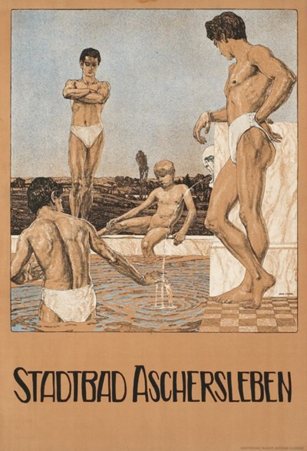 Ein Plakat für ein Schwimmbad in Aschersleben, Deutschland, das Menschen im Wasser zeigt, darunter einen Sitzenden, begleitet von Text über die Einrichtungen des Schwimmbads.