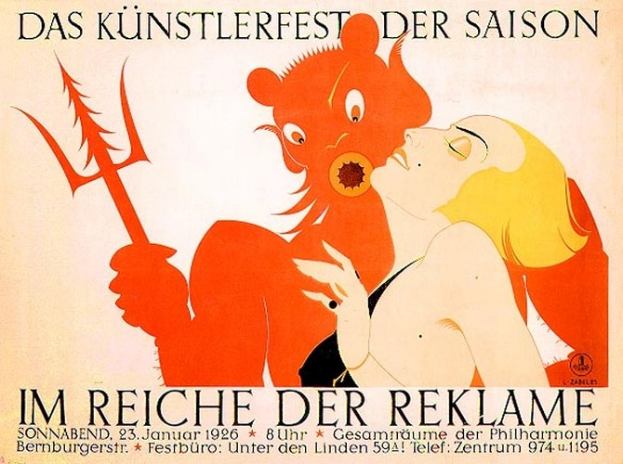 Ein farbenfrohes Festivitätsposter aus Deutschland, das eine Frau in einem langen Kleid mit einem Dutt neben einem Teufel mit Hörnern und einer ringelnden Schwanz zeigt, vor einem bunten Hintergrund mit Blauen, Grünen und Gelben.