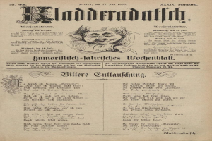 Ein altes Buch mit dem Titelblatt der deutschen Zeitung Kladerradath von 1866, das eine Zeichnung eines Mannes zeigt, wahrscheinlich ein Clown, mit einem verschmitzten Gesichtsausdruck, umgeben von Text.