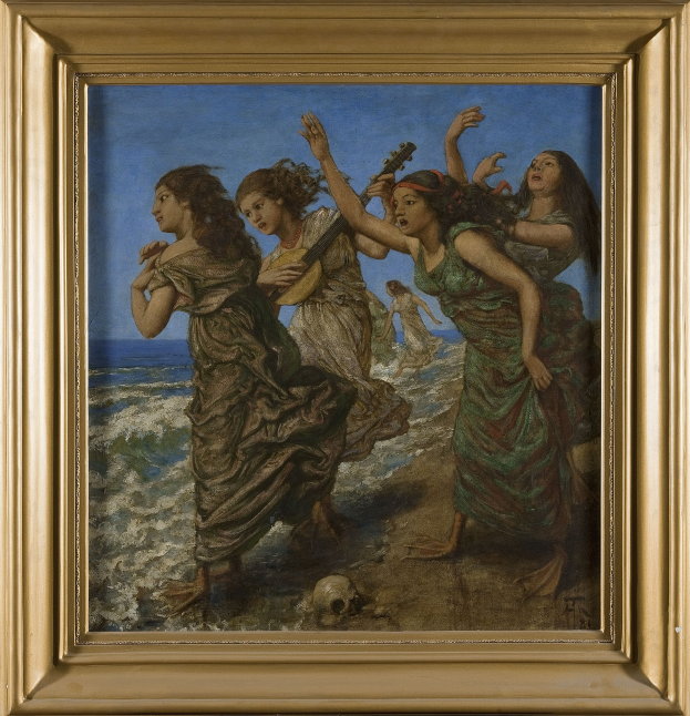 Bild eines Gruppenbildes von Frauen am Strand, eine hält ein Musikinstrument, in einem Rahmen angezeigt.