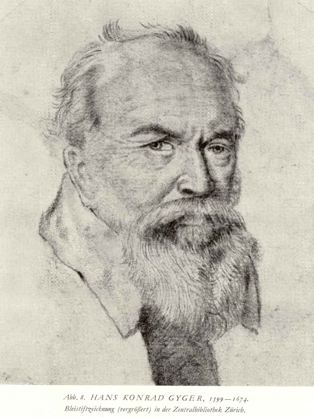 Ein Schwarz-Weiß-Zeichnung von Hans Konrad Gyger, einem deutschen Philosophen mit langem Bart, mit Text unten im Bild.