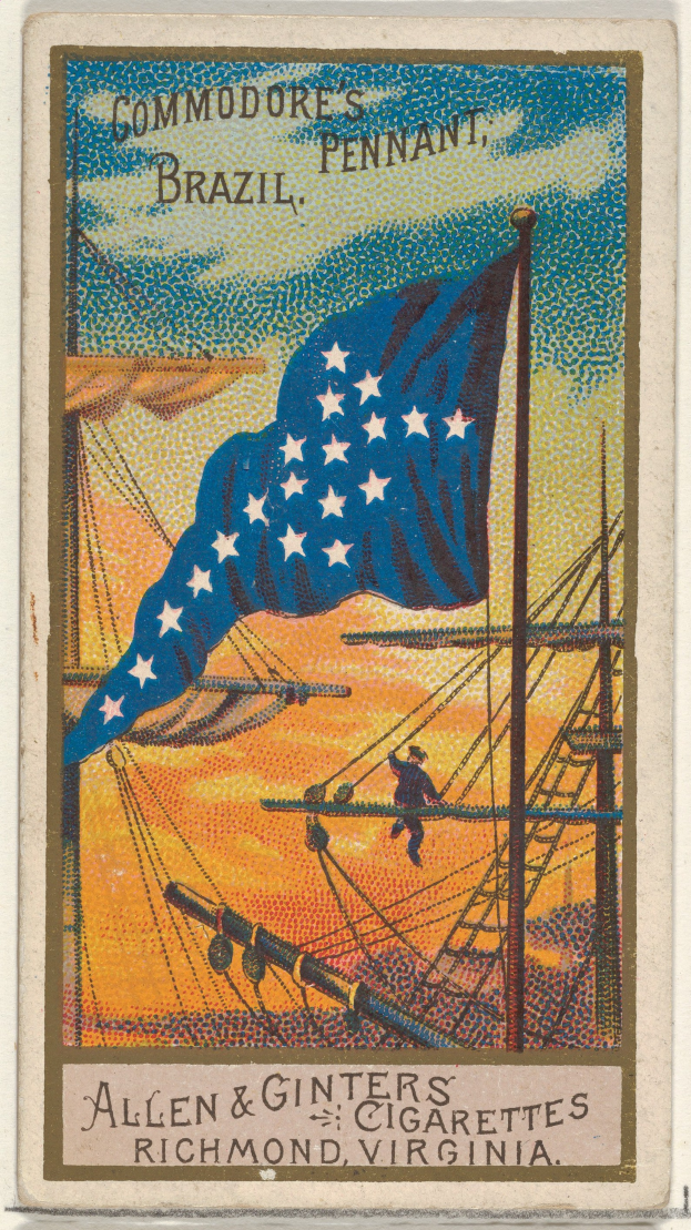 Eine alte Zigarettenkarte mit einer amerikanischen Flagge, einem Schiff mit einer Person auf Deck und der Aufschrift "Commodore's Pennant, Brazil".