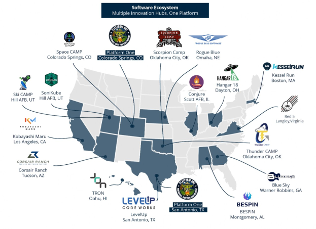 Eine Karte der Vereinigten Staaten, auf der Unternehmenslogos und Text die Standorte von Software-Ökosystem-Unternehmen angeben.