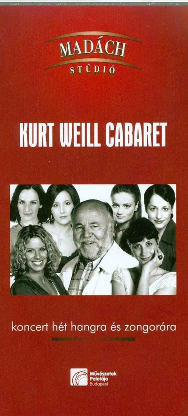 Ein Plakat für das Kurt-Weill-Cabaret-Konzert, das ein zentrales menschliches Gesicht zeigt, umgeben von einer Gruppe von Menschen und Text, der wahrscheinlich den Konzerttitel angibt.