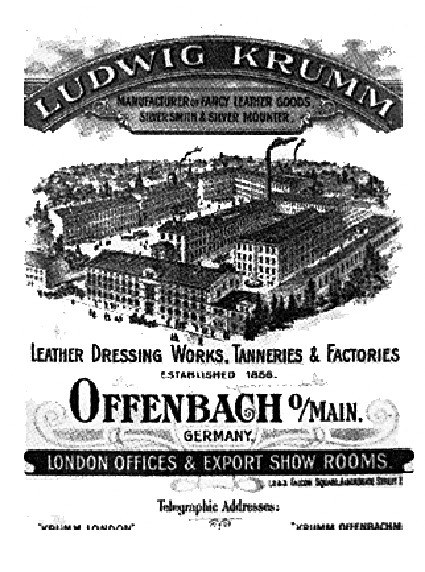 Anzeige für Ludwig Krumm Lederpflegewerke, Gerbereien & Fabriken in Offenbach, Deutschland, zeigt ein Schwarz-Weiß-Bild mit Text.